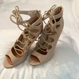 RED KISS LAILA OPEN TOE LACED HEEL BOOTIE BLUSH